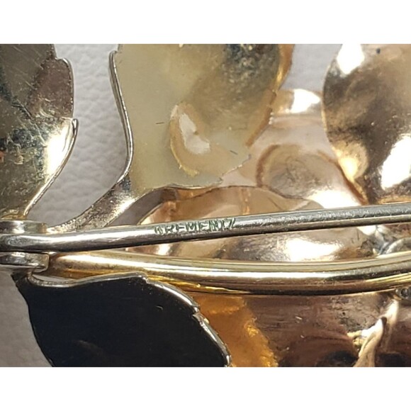 Vtg 1940's Krementz Signed Two Tone Gold Filled Rose Roses Brooch Pin 2.25" long - Picture 13 of 15